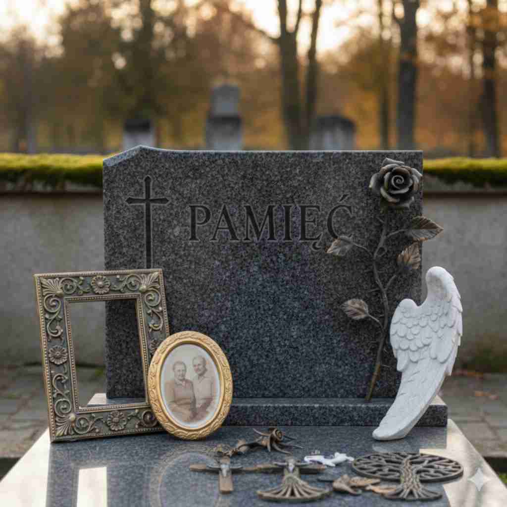 Elegancka tablica nagrobkowa z ramką, ornamentem, zdjęciem porcelanowym i złotymi akcentami na ciemnym granicie