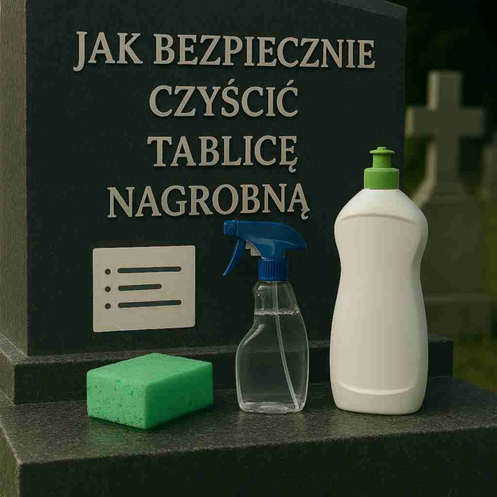 Akcesoria do bezpiecznego czyszczenia tablicy nagrobnej: miękka gąbka, woda i delikatny środek czyszczący obok kamiennej płyty
