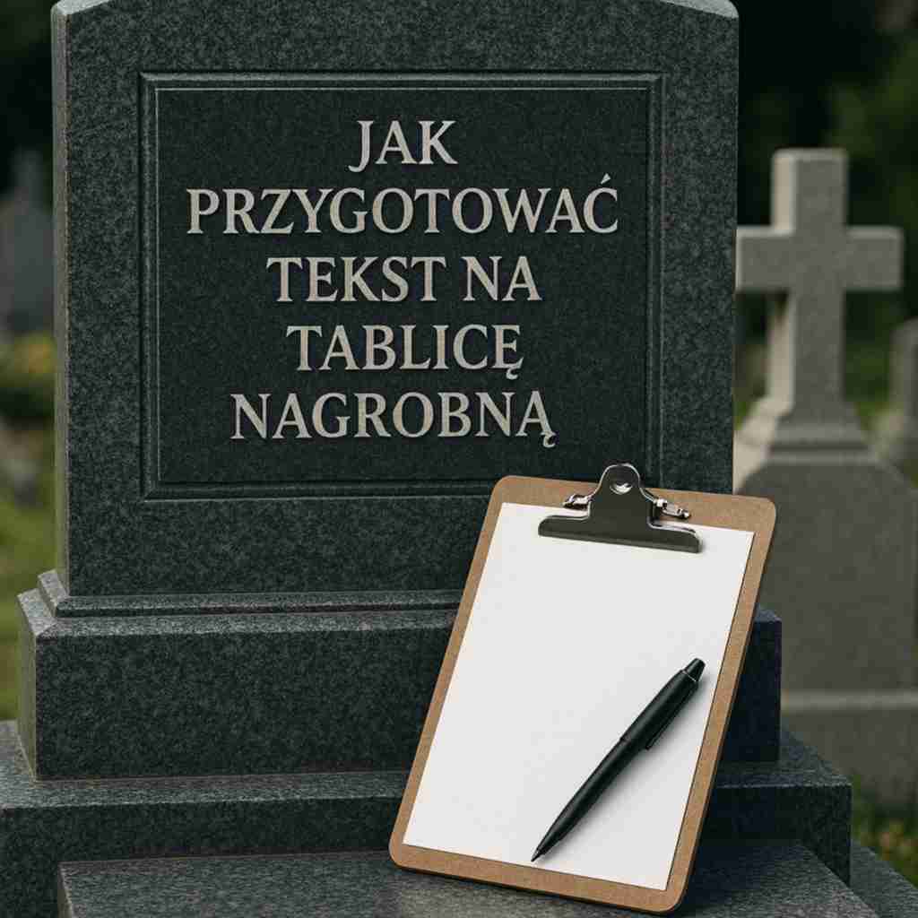Tablica nagrobna z tytułem artykułu i notatnikiem symbolizującym przygotowanie tekstu