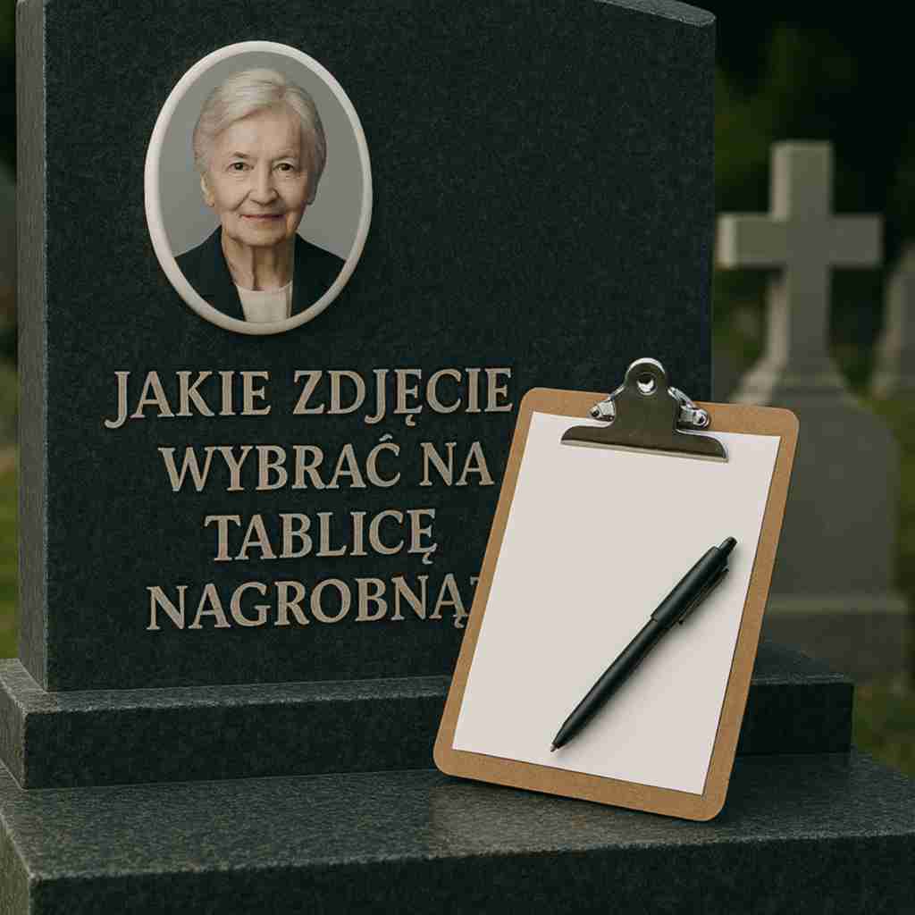 Porcelanowa ramka z portretami i wydrukami zdjęć przygotowywanymi do umieszczenia na tablicy nagrobnej