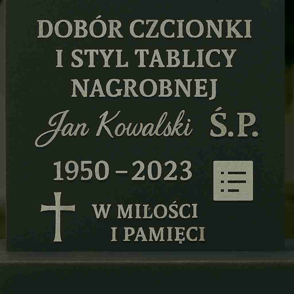 Kamienna tablica nagrobna z przykładami różnych czcionek: klasyczna, ozdobna i nowoczesna, pokazująca czytelność i styl napisów
