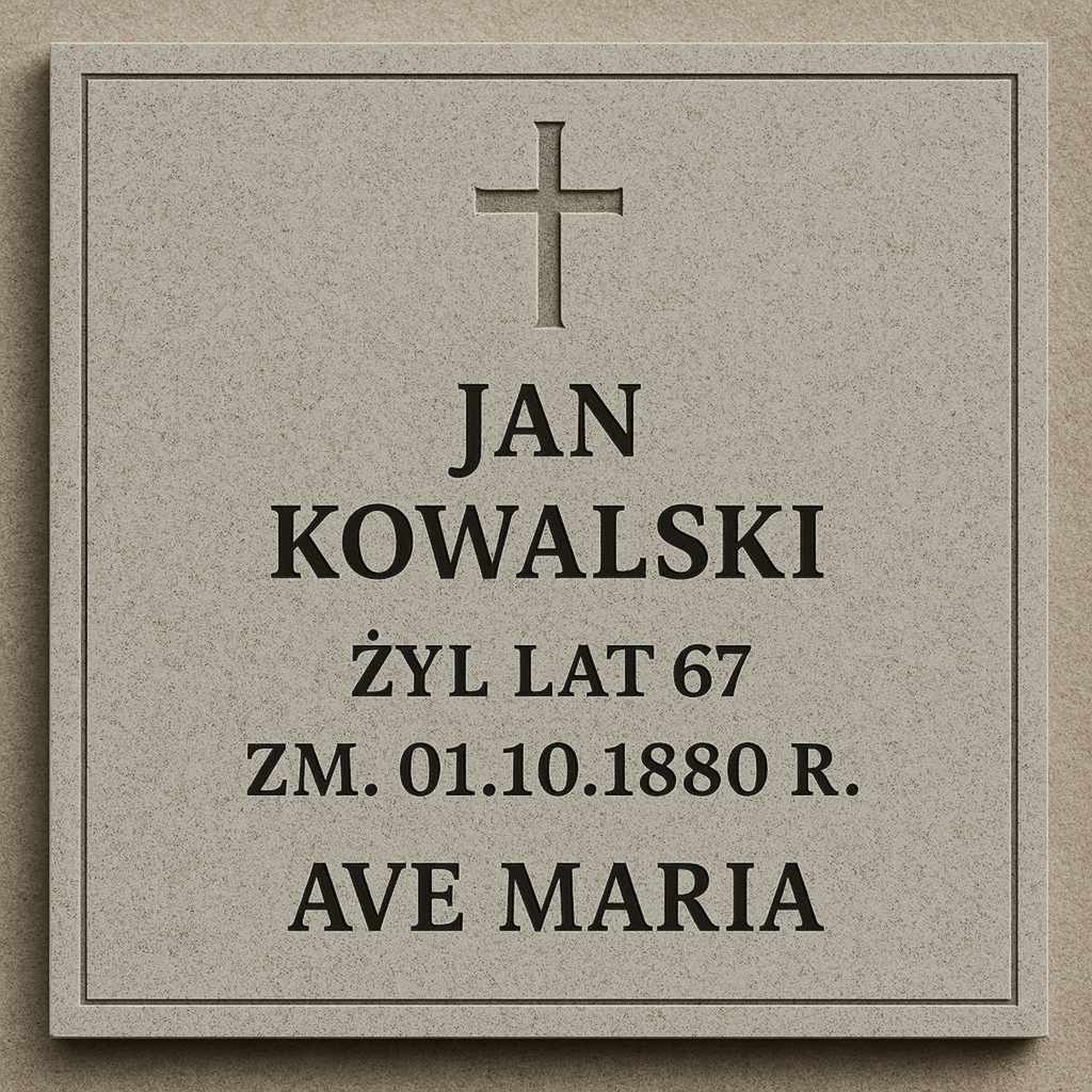 Tablica nagrobkowa z jasnego granitu z centralnym krzyżem i wyśrodkowanym napisem: Jan Kowalski, żył lat 67, zm. 01.10.1980 r., Ave Maria