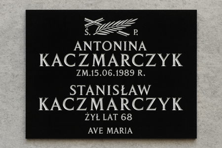 Tablica nagrobkowa dla 2 osób z motywem krzyża i palemki, ciemny granit